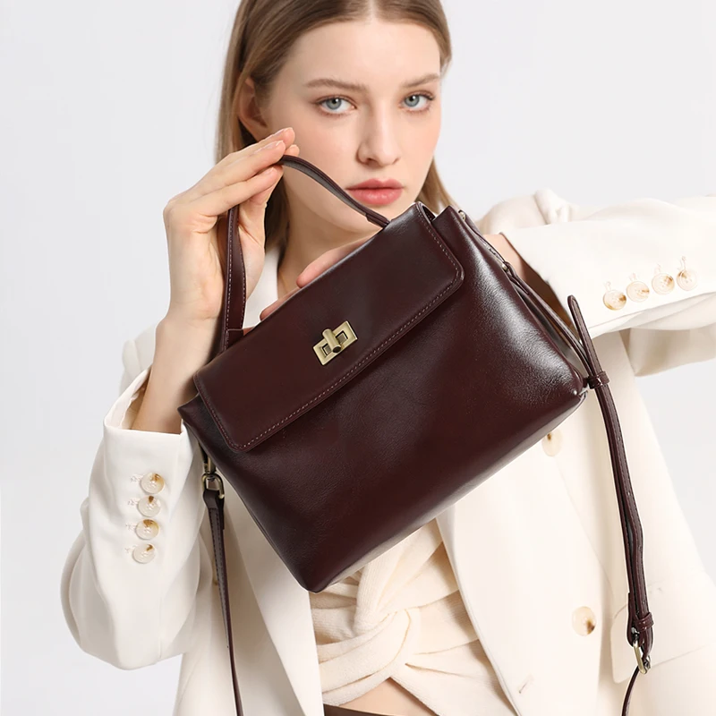 Genuine Leather Top Handle Crossbody Bag for Women Vintage Oil Wax Leather Shoulder Bag Small Luxury Designer Satchel Handbag