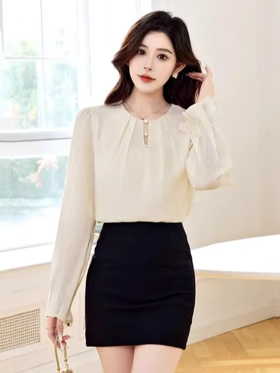 

Ele Long Sve Chiffon irt round Ne Bubble Sve Slimming Spring Autumn New Sle Women's Faion Straight Cut Top
