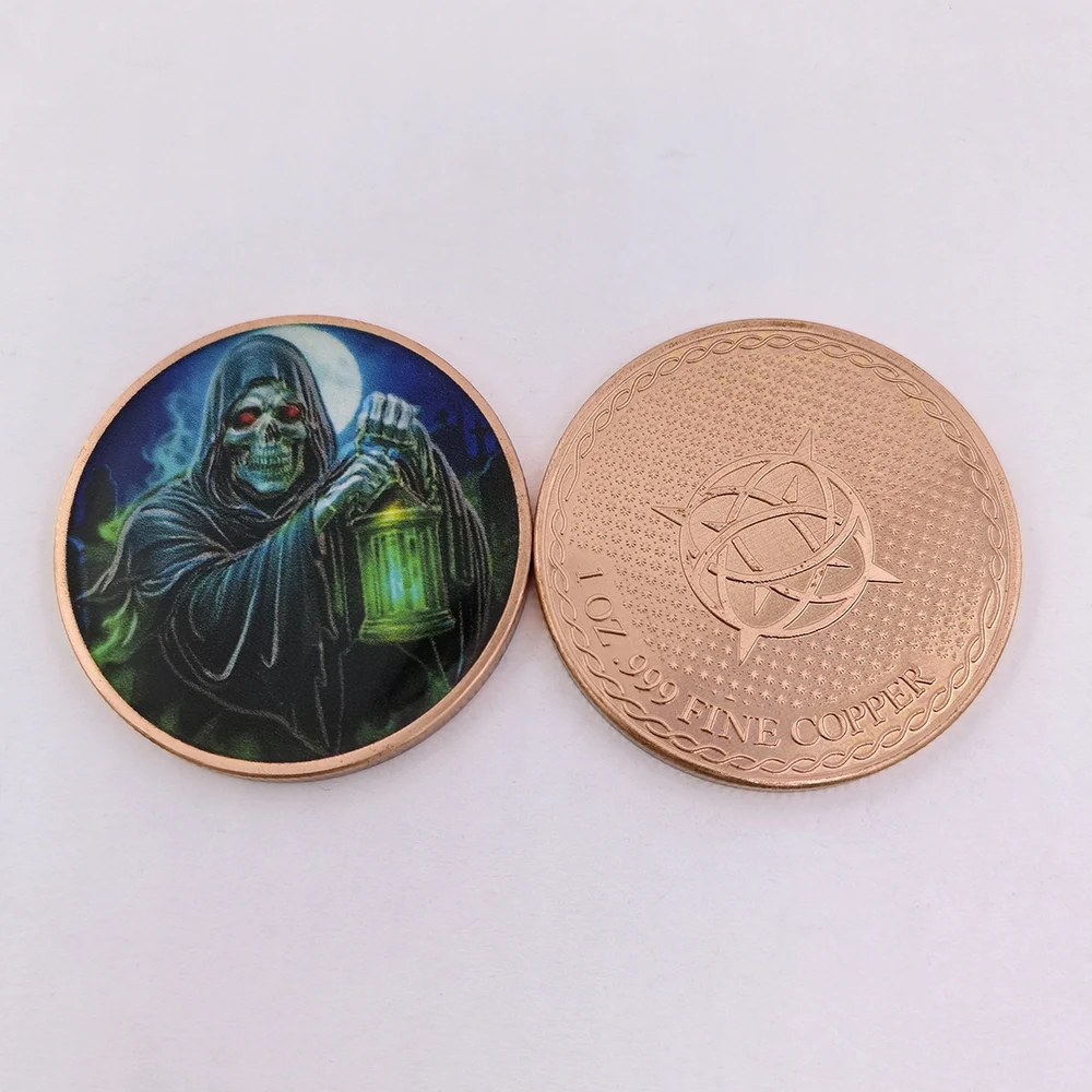 2 Designs 1 OZ .999 Pure Copper Horror Skull Werewolf Commemorative Coin Color Print Metal Crafts For Halloween Decoration Gift