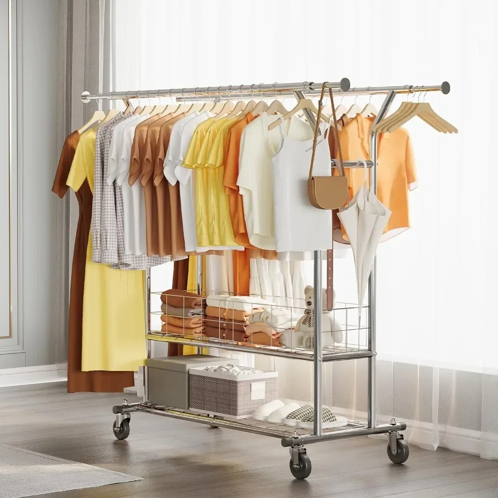 A Heavy Duty Clothes Rack, 625 lbs Clothing Racks with Wheels, Rolling Garment Rack for Hanging Clothes, Commercial