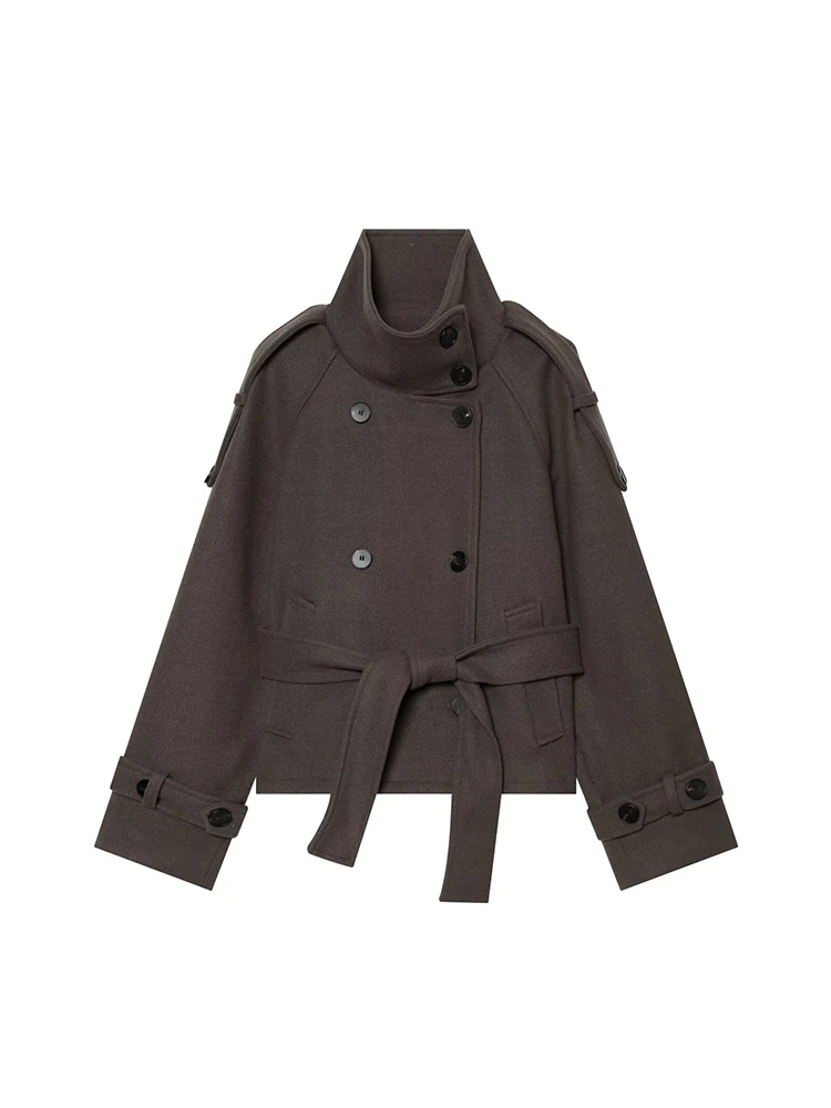 TFMLN New Women's Woolen Winter Coat Double-Breasted Loose Fit Outerwear 2026 Autumn Commuter High Collar Belted Overcoat