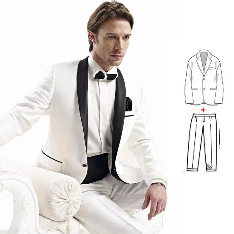 

White 2 Pieces Groom Wedding Tuxedo 2023 Slim Fit Black Satin Lapel Groomsmen Formal Wedding Party Suits (Blazer+Pants)