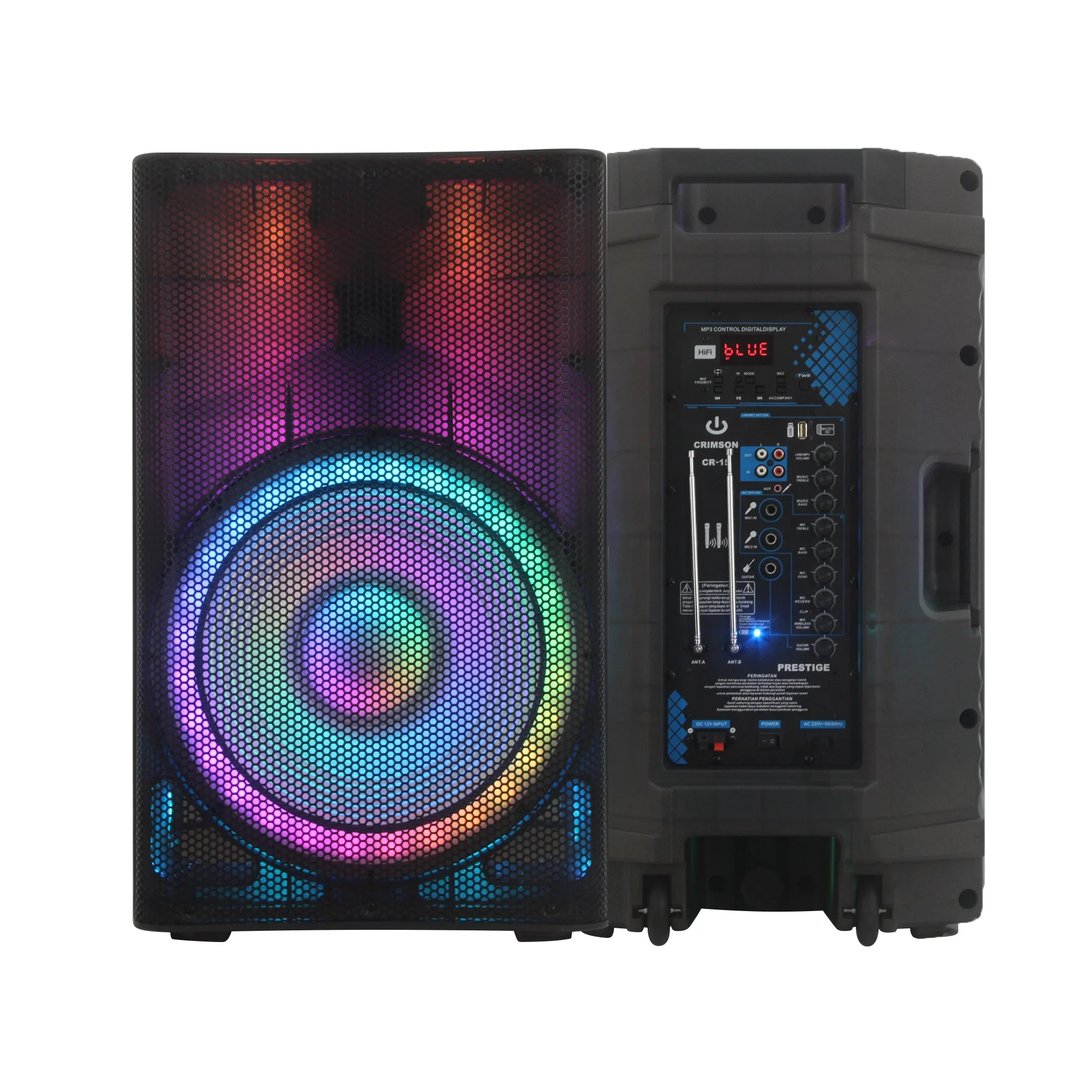 300W 15 inch Speaker 2 way karaoke PA speaker audio system Battery Sound box with Full translucent RGB LED flame light Bochina