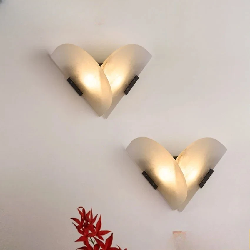 Natural Semicircle Marble Wall Lamp Continental LED Dimming Living Room Bedroom Study Simple Installation Home Light Decoration