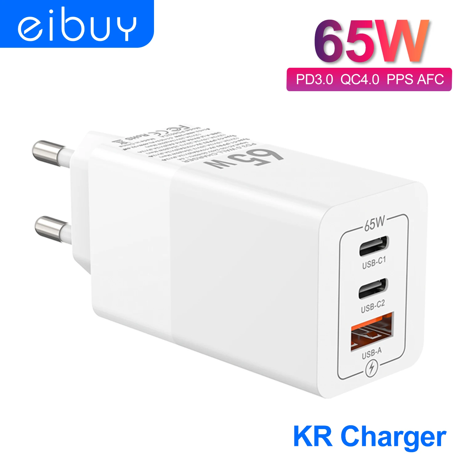 

EIBUY 65W GaN USB C Fast Charger PD 65W PPS 45W QC3.0 KR Plug Quick Power Adapter for MacBook Samsung S23 ipad iPhone 15 pro max