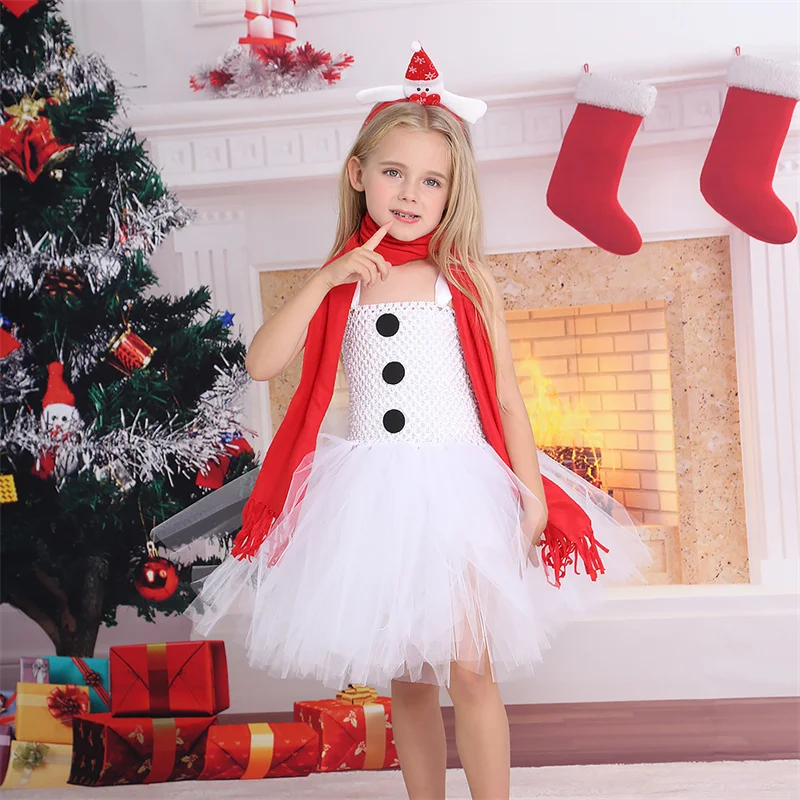 New Christmas Kids Princess Dresses Girls Snowman Dress Up Tutu Children\'s Holiday Show Clothes 3-12 Years Old