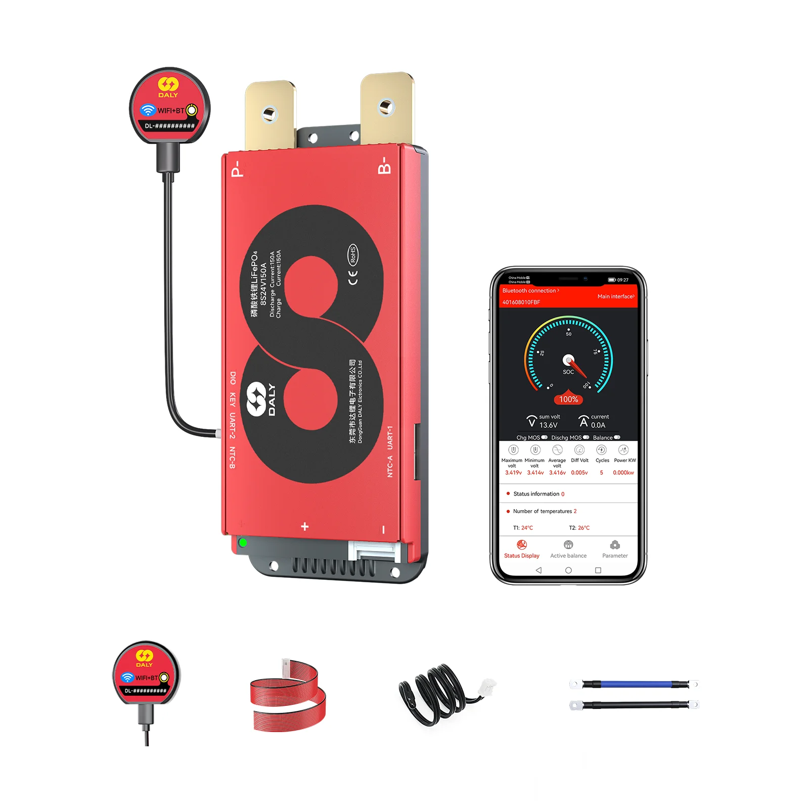Daly Smart BMS Lifepo4 4S 8S 16S 40A 60A 100A 150A 200A 250A 300A 400A 500A Bluetooth APP for Inverter Solar RV UART port