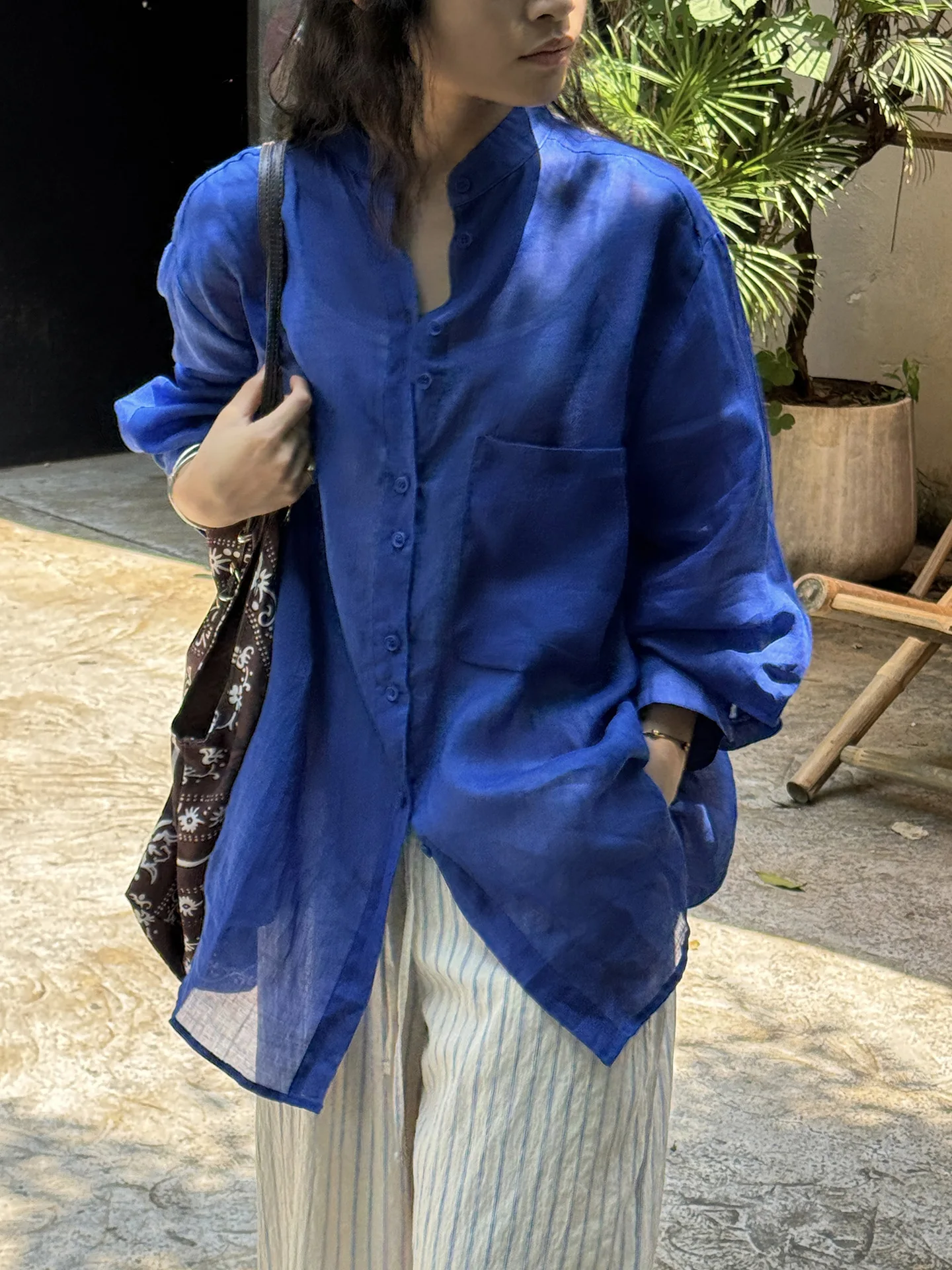 

Рубашки оверсайз Ramie, прозрачная легкая летняя блузка на пуговицах мандарина