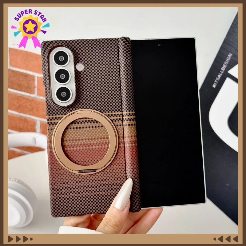 Case For Samsung Galaxy Z Fold 7, 8 Ultra ELVEV Fiber Pattern Hard PC Hinge Protection Ring Stand Magnetic Phone Cover