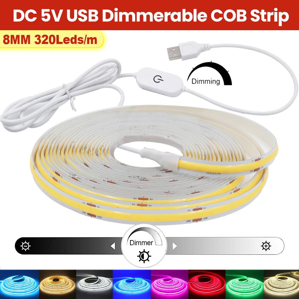 

DC 5V USB COB LED Strip Light with Dimmer Switch 320LEDs/m Flexible LED Tape High Density Linear Light FOB LED Ribbon RA90 Decor