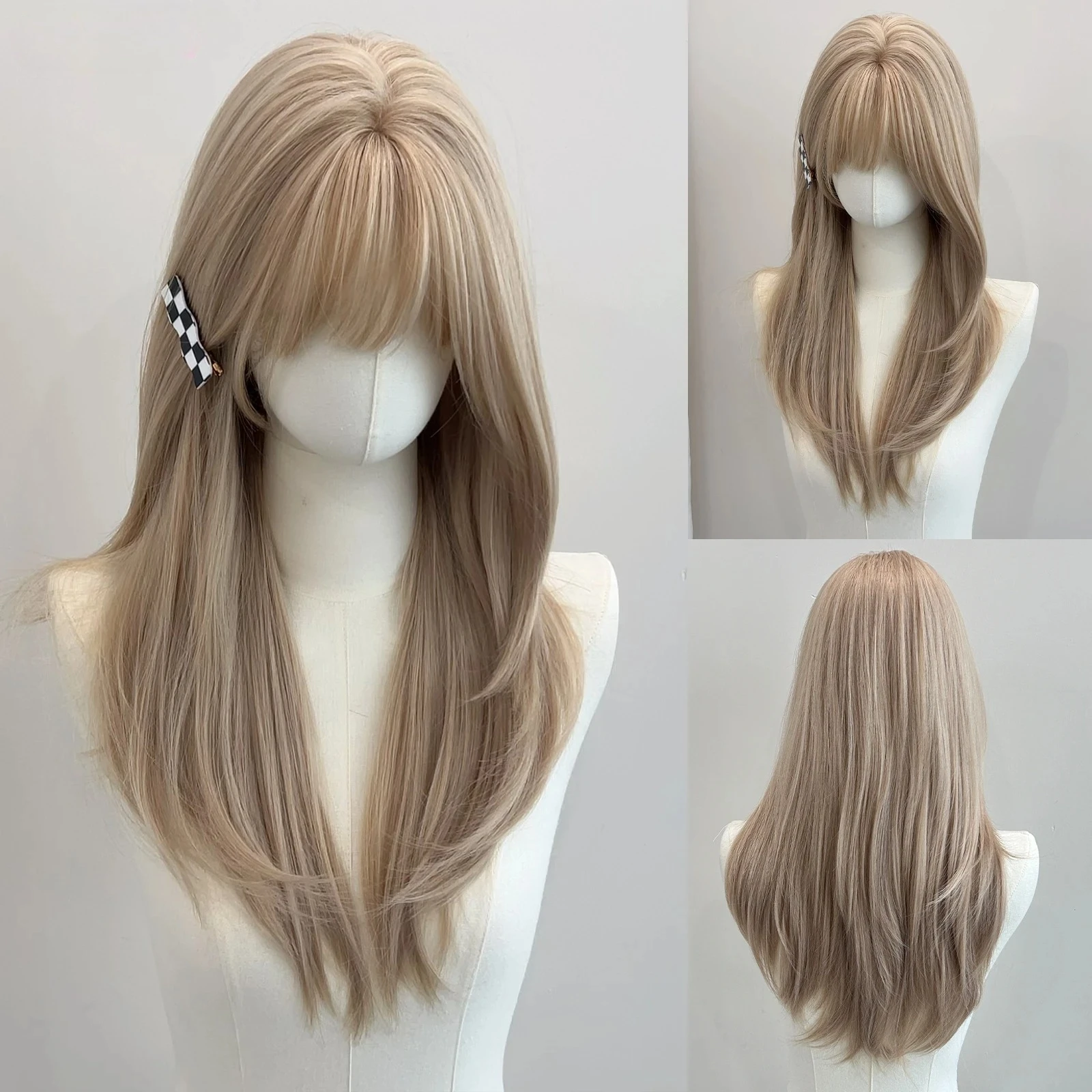 22 Inch Synthetic Air Bangs Wig Straight Layered Straight Wigs Fiber Heat-resistant Party or Selfie For Women Daily Use