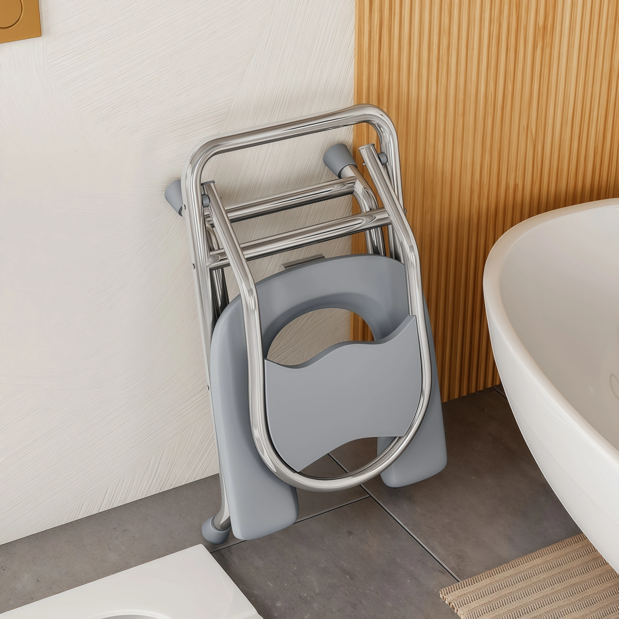 مرحاض من الفولاذ المقاوم للصدأ مع مسند ظهر يأتي مع مجموعة مكونة من 3 قطع (وسادة مقعد + وسادة للقدم + لوح حمام)، حامل عالي ومستقر، حل رعاية وقفة واحدة لاستخدام المرحاض والاستحمام