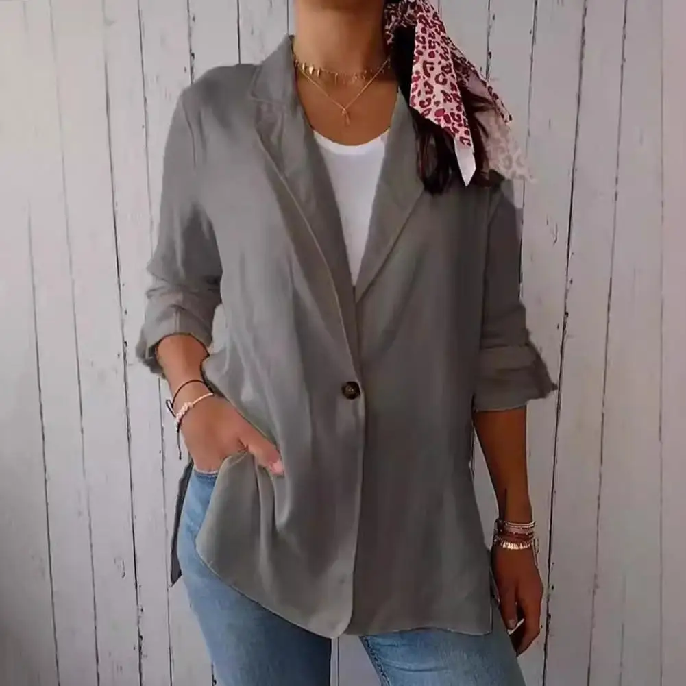 Chaqueta de traje delgada con solapa elegante para mujer, abrigo de manga larga, prendas de vestir de negocios, chaqueta de un solo pecho con dobladillo de abertura lateral, sólido