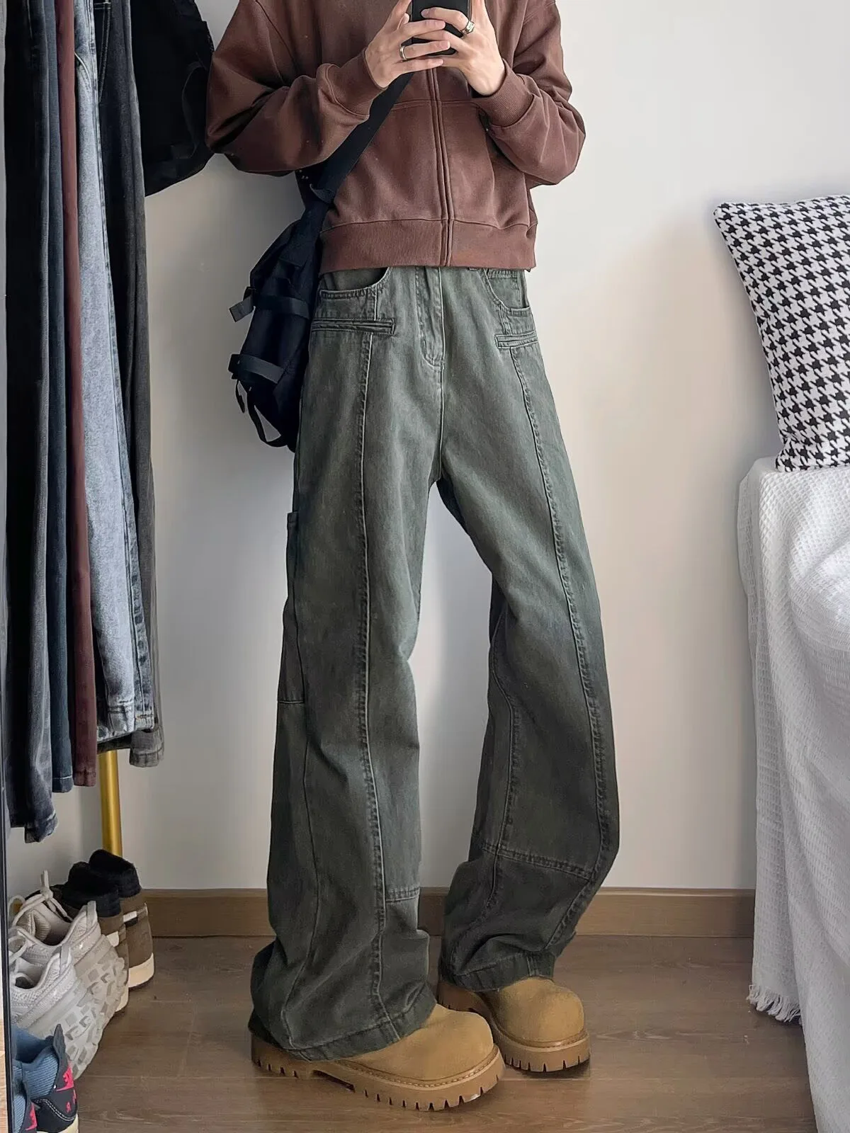

Grey Denim Workwear Jeans Men's Slim Fit American Style Casual Washed Straight Leg Loose Fit Bell Bottoms Cargo Pants