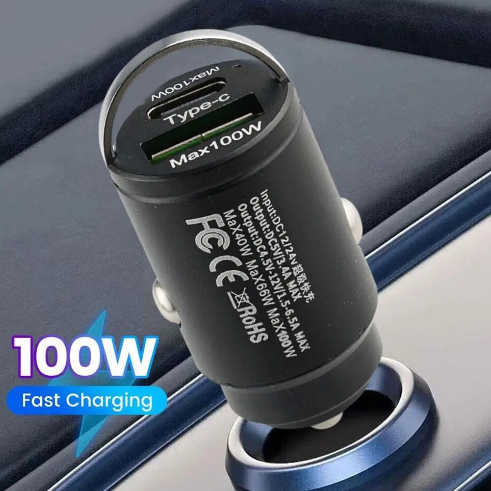 

100W Car Charger Dual Ports Invisible Metal Charger QC3.0 Mini USB Type C Mini Car Phone Charger For xiaomi ﻿ Samsung Huawei