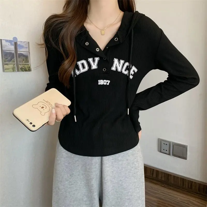 Fashion Long Sleeve Printed Letter Button Hooded T-Shirts Female Clothing 2024 Autumn New Loose Korean Tops Casual Tee Shirt