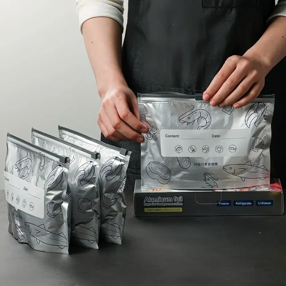 10Pcs/Bag Kitchen Aluminum Foil Fresh Bag  Freezer Stand Up Zip Lock Large Capacity Reusable Food Organizer Bags