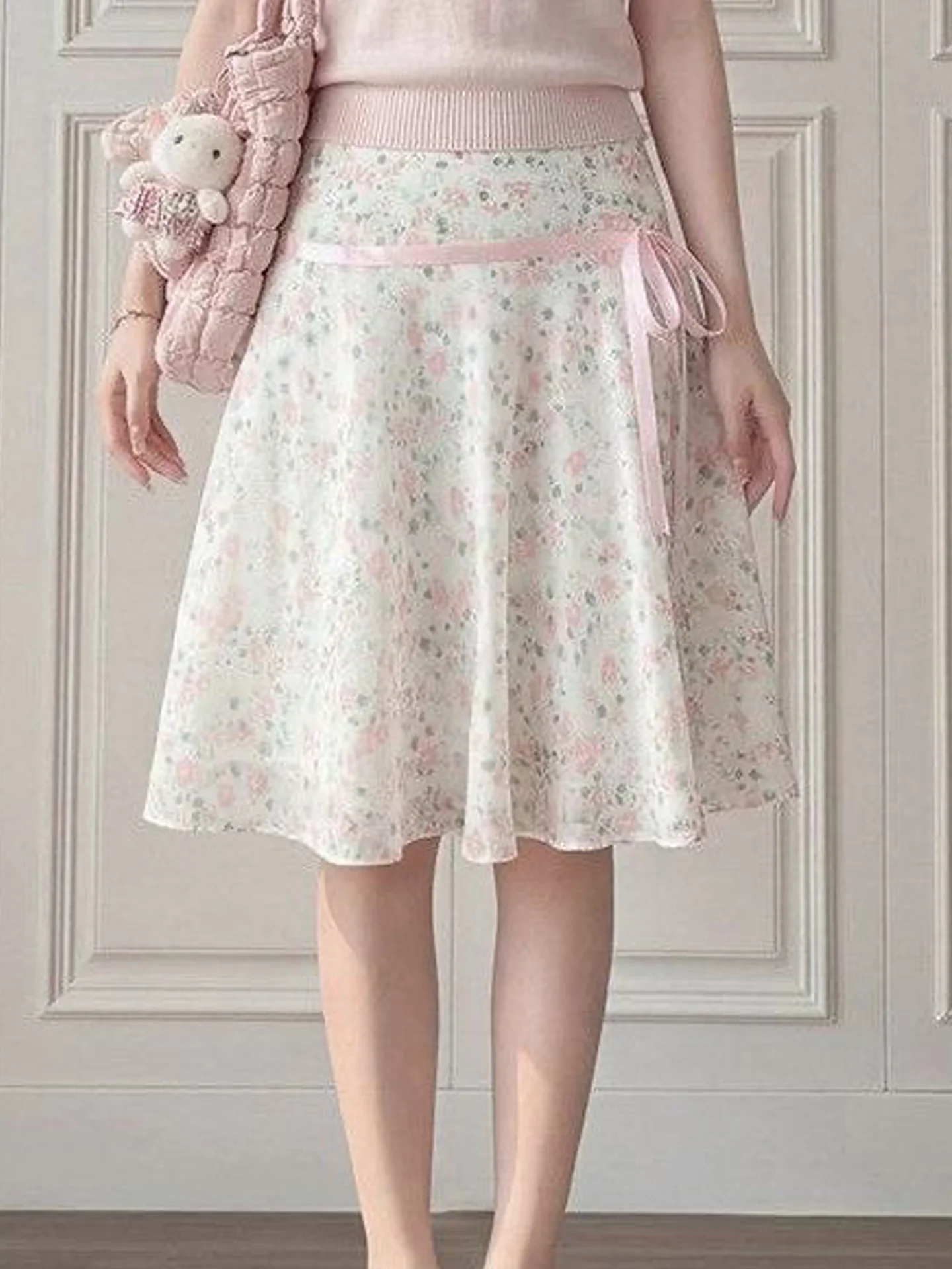 Sweet Floral A-Line  Skirt Women's High Waist Slimming Chiffon Print Belted Pink Short Skirt Korean Style Casual Wear