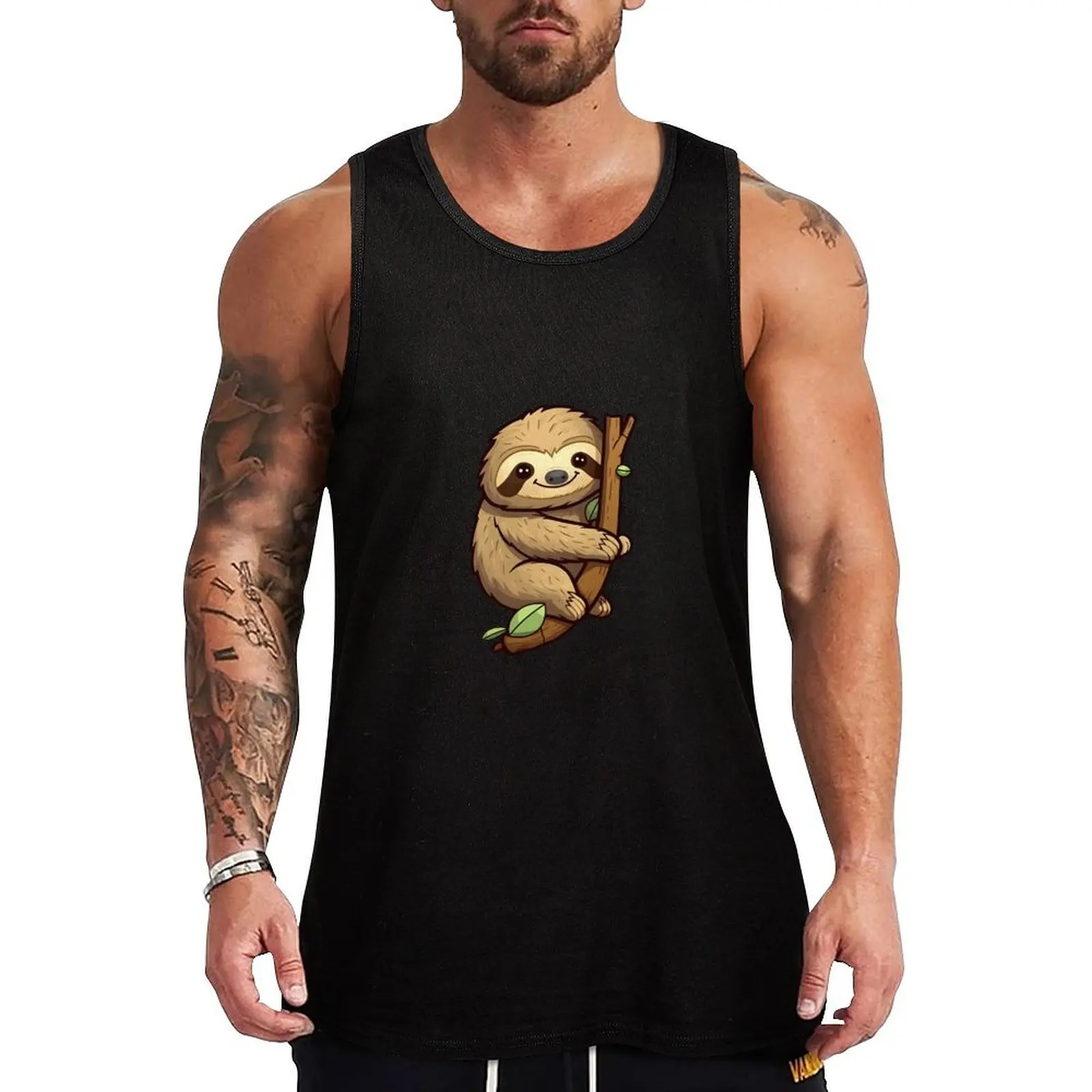 Happy cute sloth hanging on a tree Tank Top Flexible Tank Top Stretch Fabric Casual Sleeveless