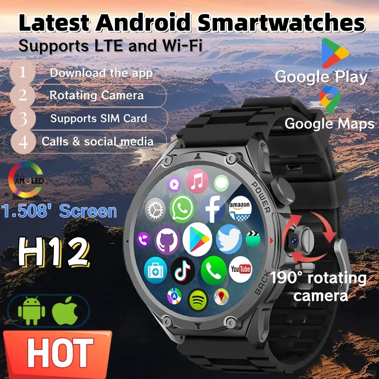 Latest Model H12 Smart Watch 4G SIM Card Android 180°Rotatable Camera Google Play 1.508'AMOLED GPS WIFI APP Download Men