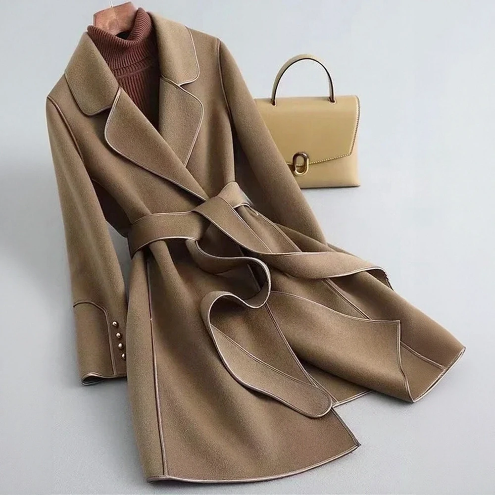 

Women's Winter Long Sleeve Lapel Coats Comfortable Plain Office Lady Style Daily Lace-Up Design