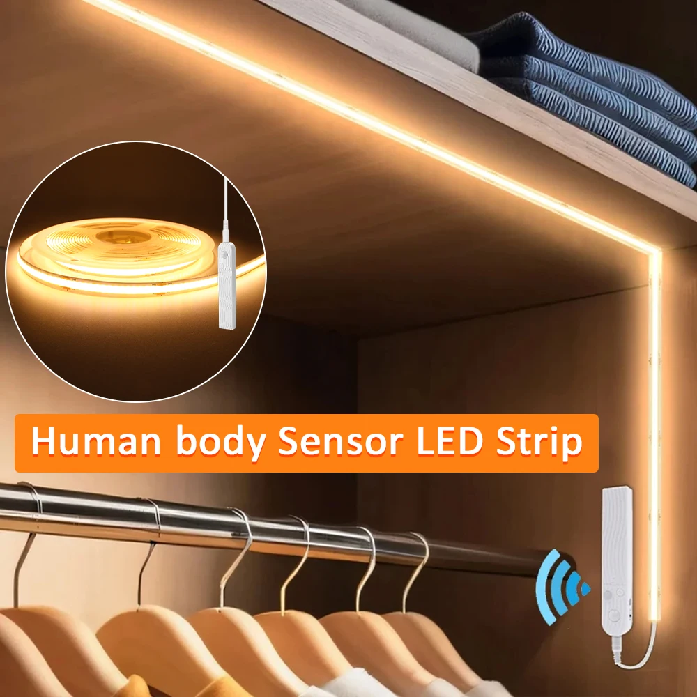 Tira de Luz LED COB de 5V, 320 LED/m, Sensor de Movimiento PIR, Cinta Flexible Autoadhesiva, Alimentada por Batería, para Iluminación de Gabinetes de Cocina
