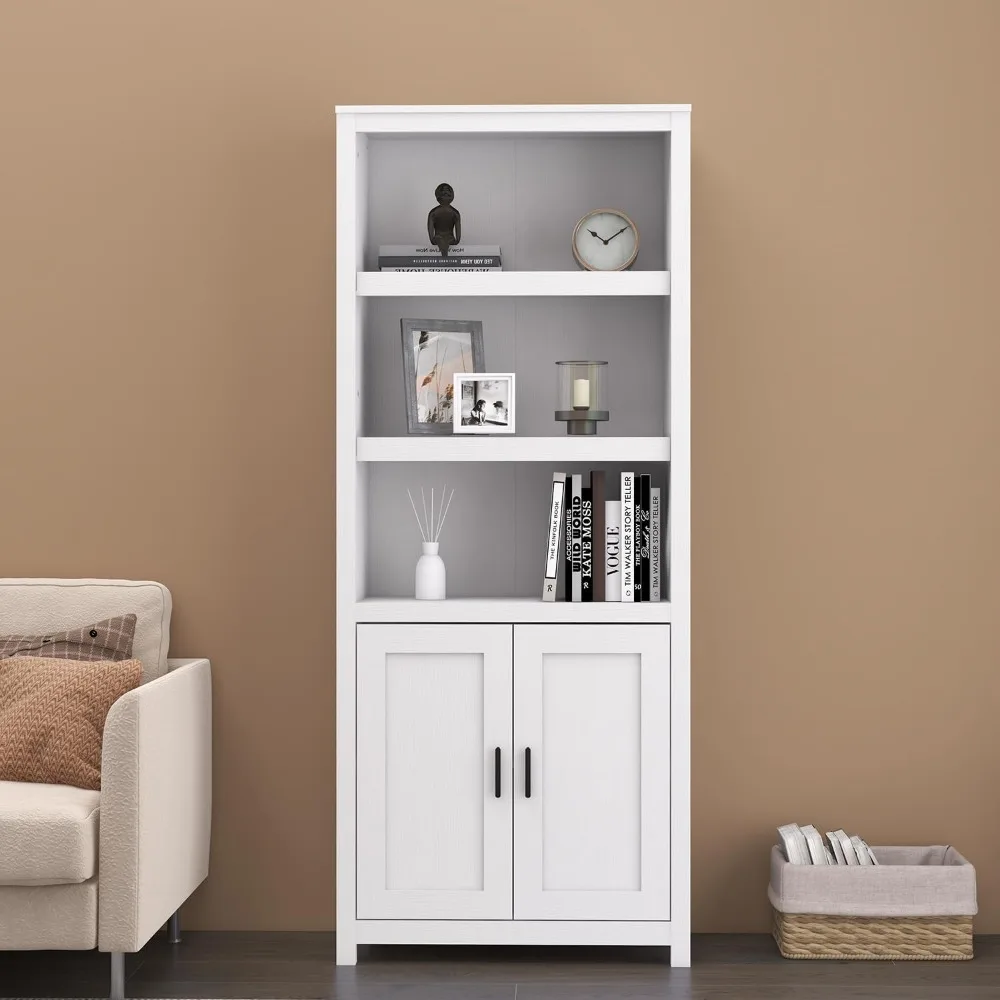 خزانة كتب بانانا بأبواب، 5 أرفف عرض قائمة بذاتها مع منظم تخزين الخزانة وأثاث المكاتب المنزلية (أبيض)