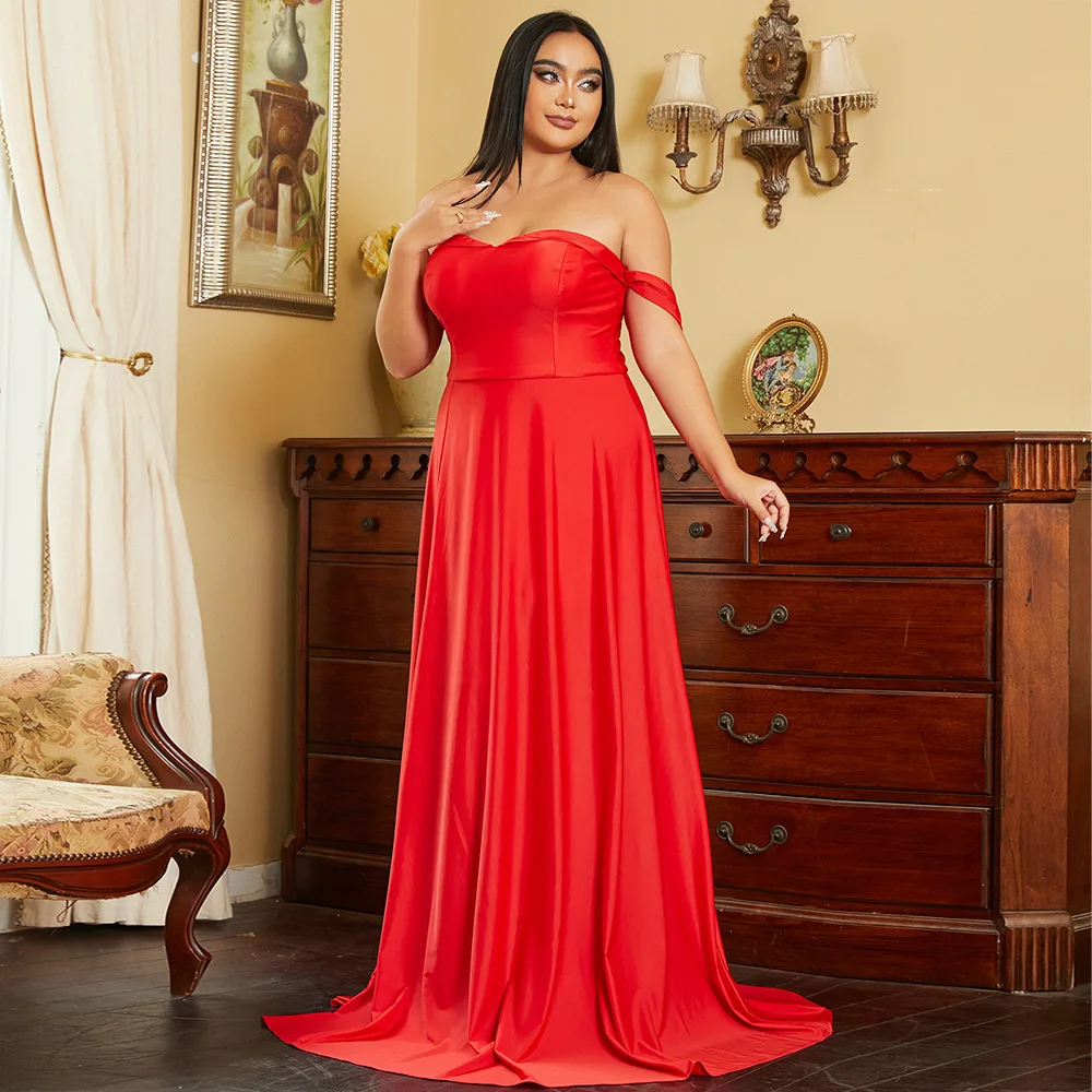

Red Satin Evening Dress for Women Plus Size Off the Shoulder Pleated Long Bridesmaid Dresses for Juniors formal occasion gown
