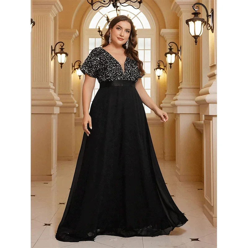 Plus Size Banquet Women\'s Chiffon Evening Dress Elegant V-neck Short Sleeve Black Silver Sequins Women\'s Prom Dresses 4XL 5XL