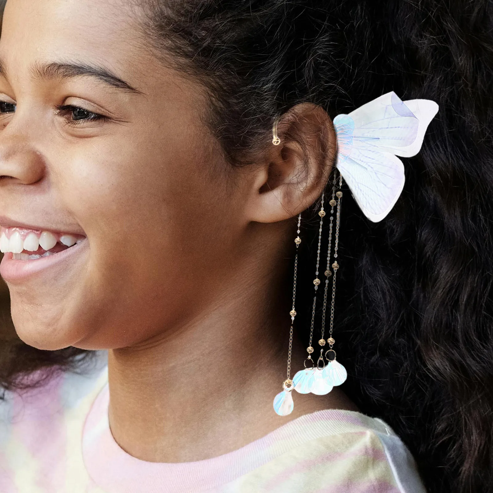 

2pcs Mermaid Ear Hook Butterfly Hoop Earrings Clip Hair Clips Cuff Stud Kids Girls Cute Tassel Mermaid Accessories Lightweight