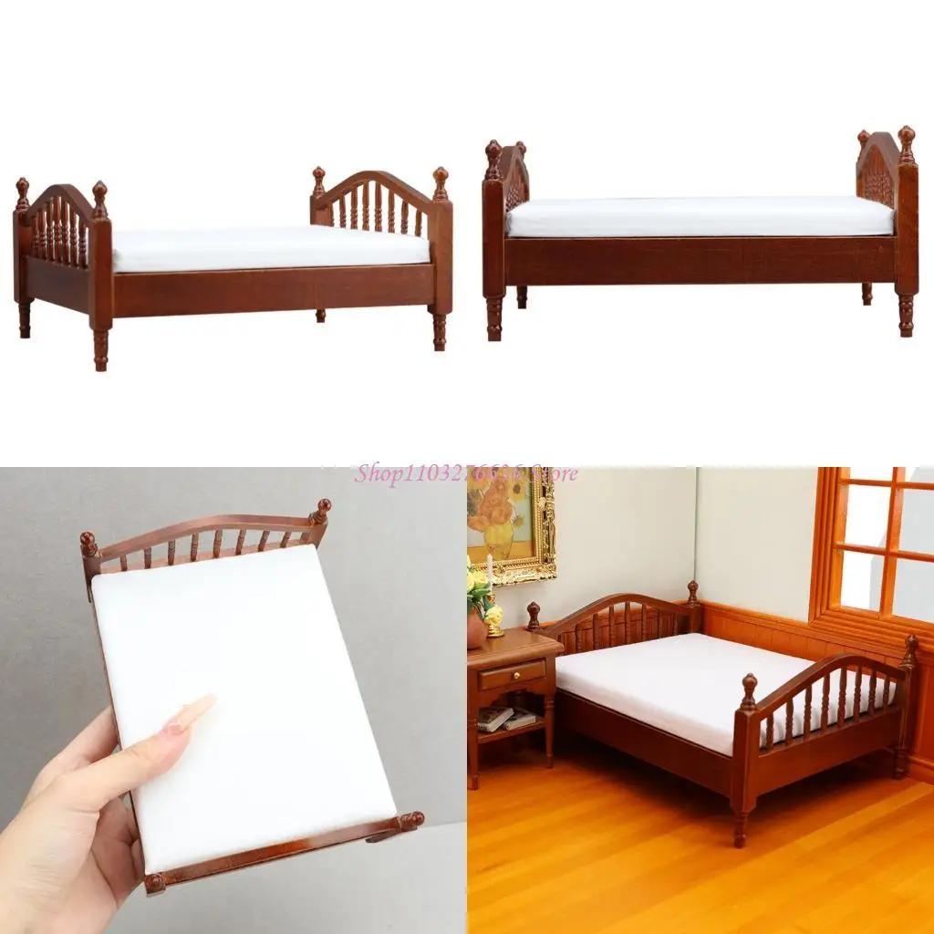 R6FD Elegant Double Bed Figurine Realistic Miniature Furniture With Fabric Beddings For 1/12 Doll House Scene Display
