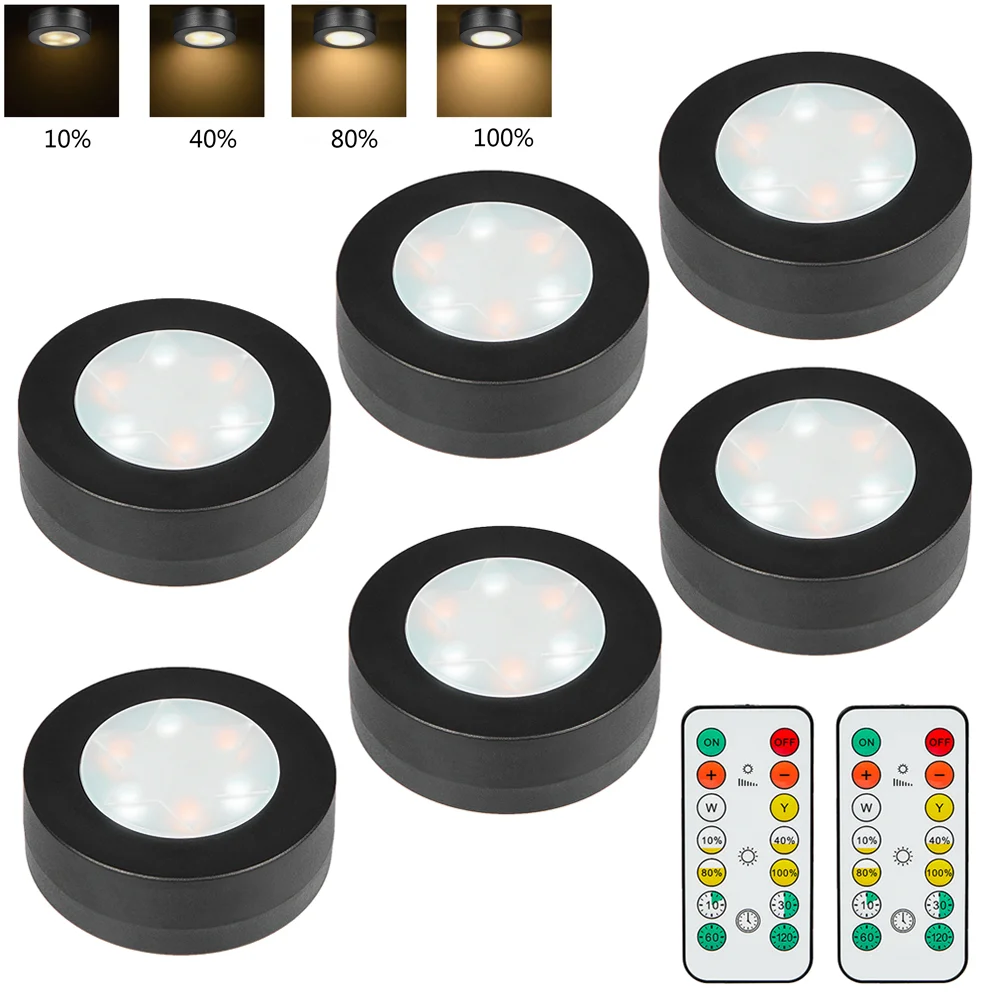 3/6Pcs Black Round LED Under Cabinet Closet Light Furniture Dimmable Wardrobe Lamp CCT WWCW 3000K 4000K 6500K Remote Control