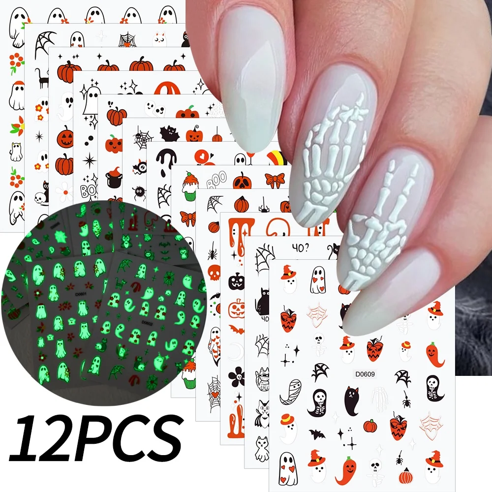 12pcs 3D Luminous Halloween Nail Art Stickers Self-Adhesive Skull, Pumpkin Decals Glow In-The-Dark Stickers For Spooky Manicures