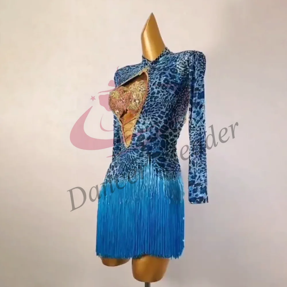 

Latin Dance Professional Dress High-end Customized Blue Leopard Print Cha Tango Women's Standard Stage Professional Clothing