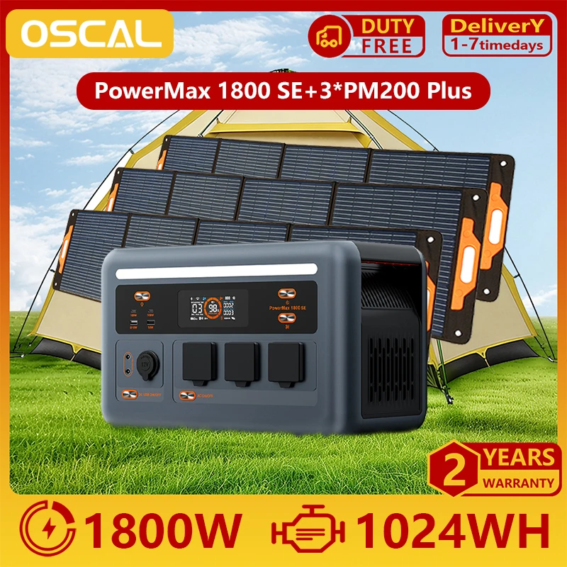 Station d'alimentation portable OSCAL PowerMax 1800SE, 3*PM200 plus batterie LiFePO₄ 1024Wh, 1800W en mode continu / 3600W en mode crête, contrôle intelligent par application