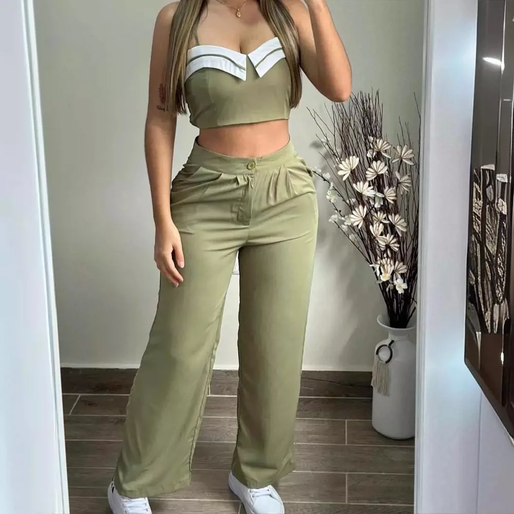 Two Piece Sets Women Pants Set Sling Sleeveless Elegant Short Tops Wide Leg Long Pink Pants High Waist Striped Print Streetwear