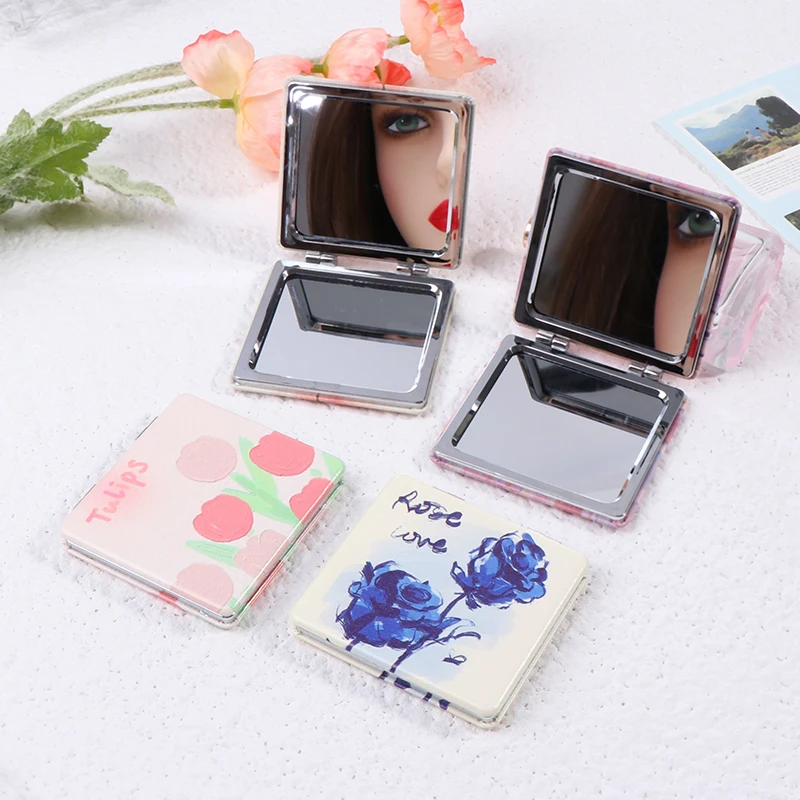 Portable Pocket Folding Small Mirror Magnifying Mirror For Makeup Abstract Oil Painting Style Double Sided Mirror Square