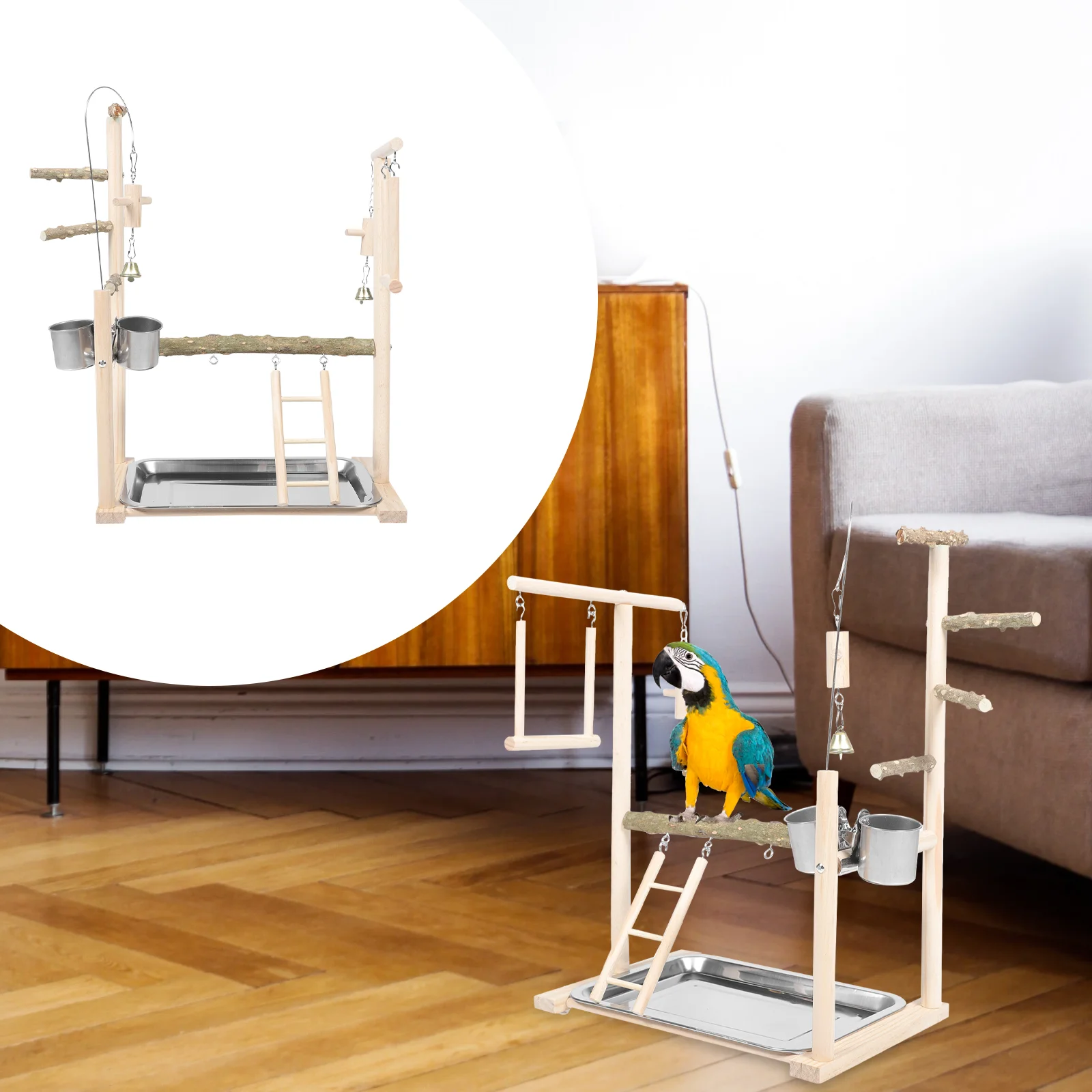 

Parrot Playground Bird Swing Stand Toys Wooden Standing Rod Perch Natural Office