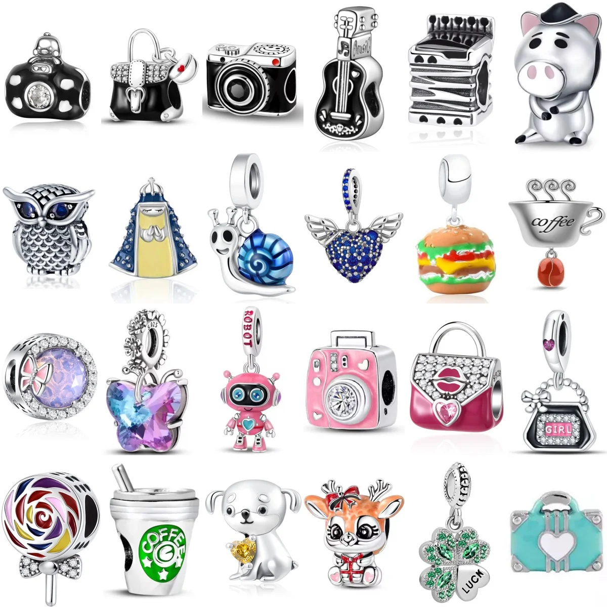 

925 Silver Black Bag Camera Charm Bead Pink Robot Coffee Pendant Fit Decoration Original Bracelet Women DIY Fashion Jewelry Gift