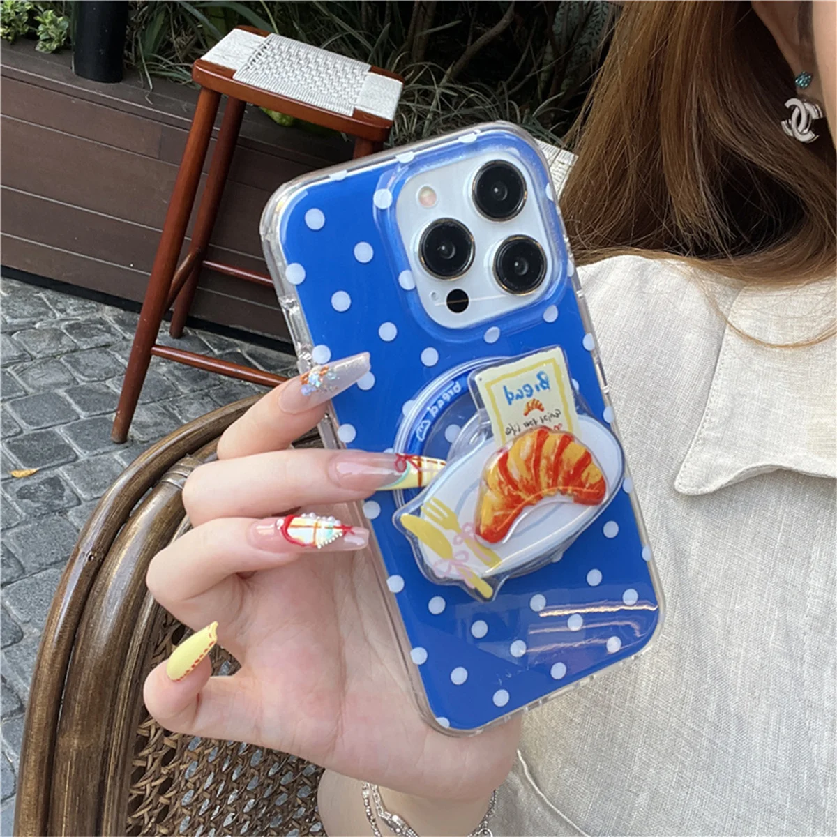 

Korean Blue Polka Dot Magnetic Phone Case For iPhone 16 Pro 14 15 Pro Max Cover with Cute Bread Stand Holder Cases Funda