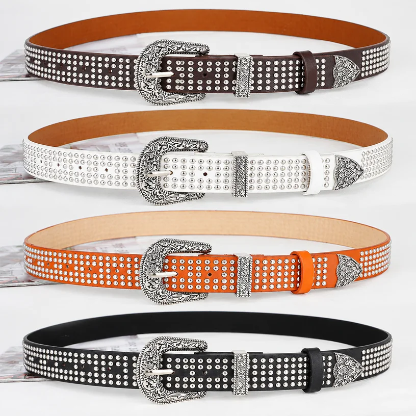 1pc 1pc Unisex Western Cowboy Rivet PU Belt Vintage Carved Alloy Buckle Casual Waist Accessory for Jeans Pants Daily Street Wear - Aliexpress Deal