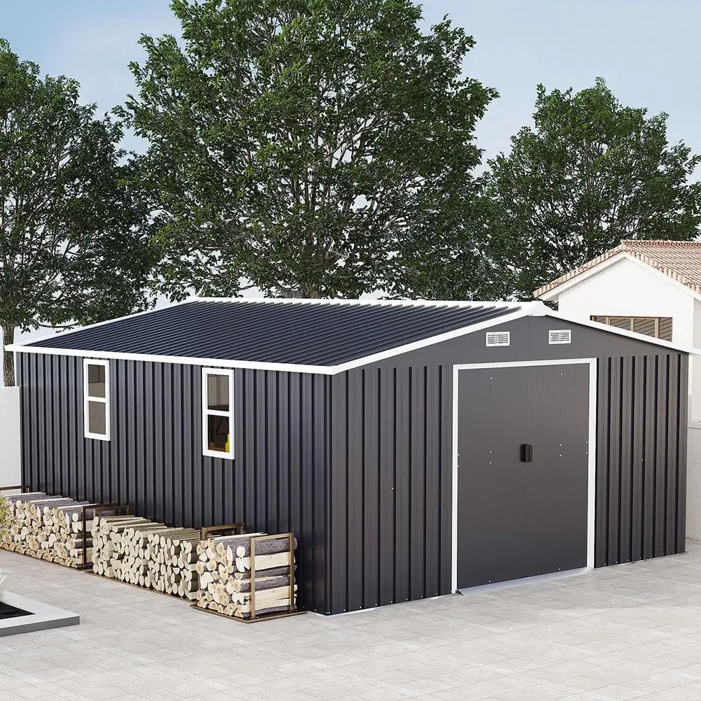 10x12 FT Metal Outdoor Storage Shed with Lockable Doors, Windows & Air Vents, Steel Shed for Tools, Equipment, Bikes, Customized