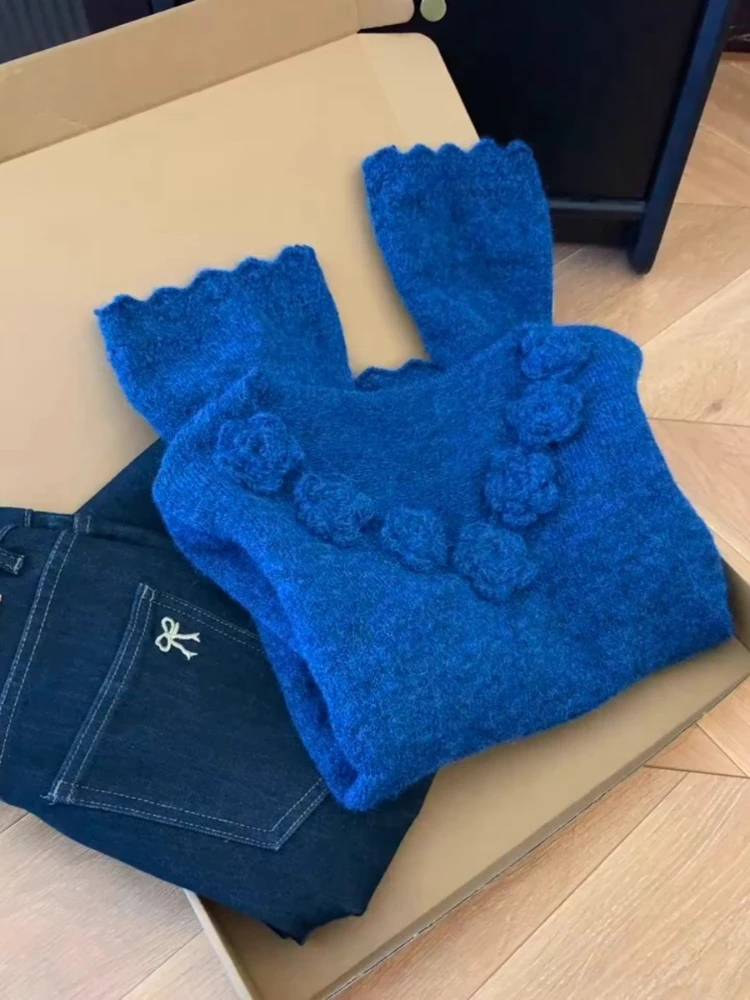 

Women Autumn Winter New Lazy Bottoming Knitted Pullover Y2k Loose Long Sleeve Tops Blue 3D Flower V-neck Sweater