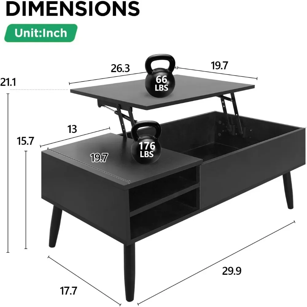 Table basse relevable avec rangement réglable et compartiment caché, petite table basse en bois, table centrale