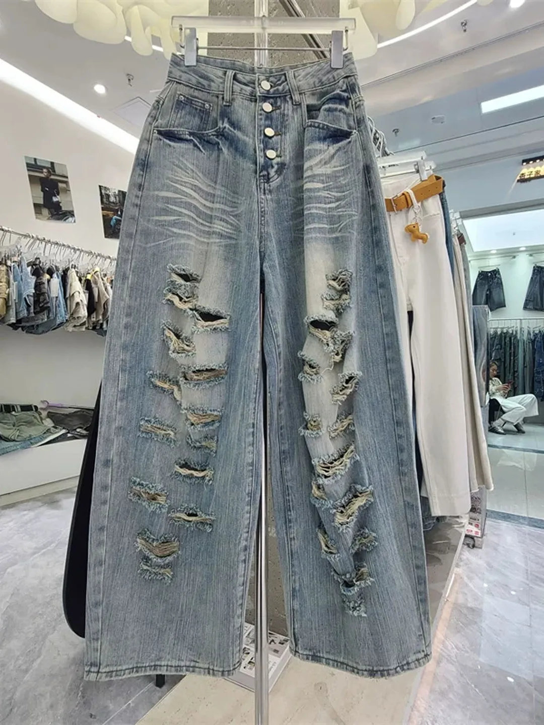 

Retro American Washed Denim Jeans Women High Waist Loose Drapey Straight Leg Wide Leg Floor Length Pants Blue Casual Style