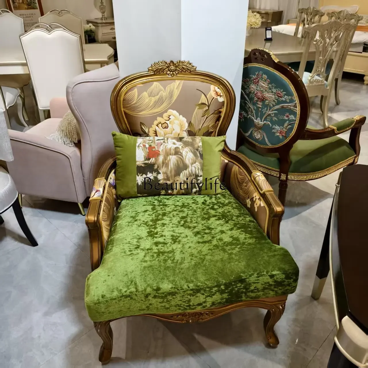 

yj7 American light luxury rural single sofa solid wood carving flower retro old pastoral single chair