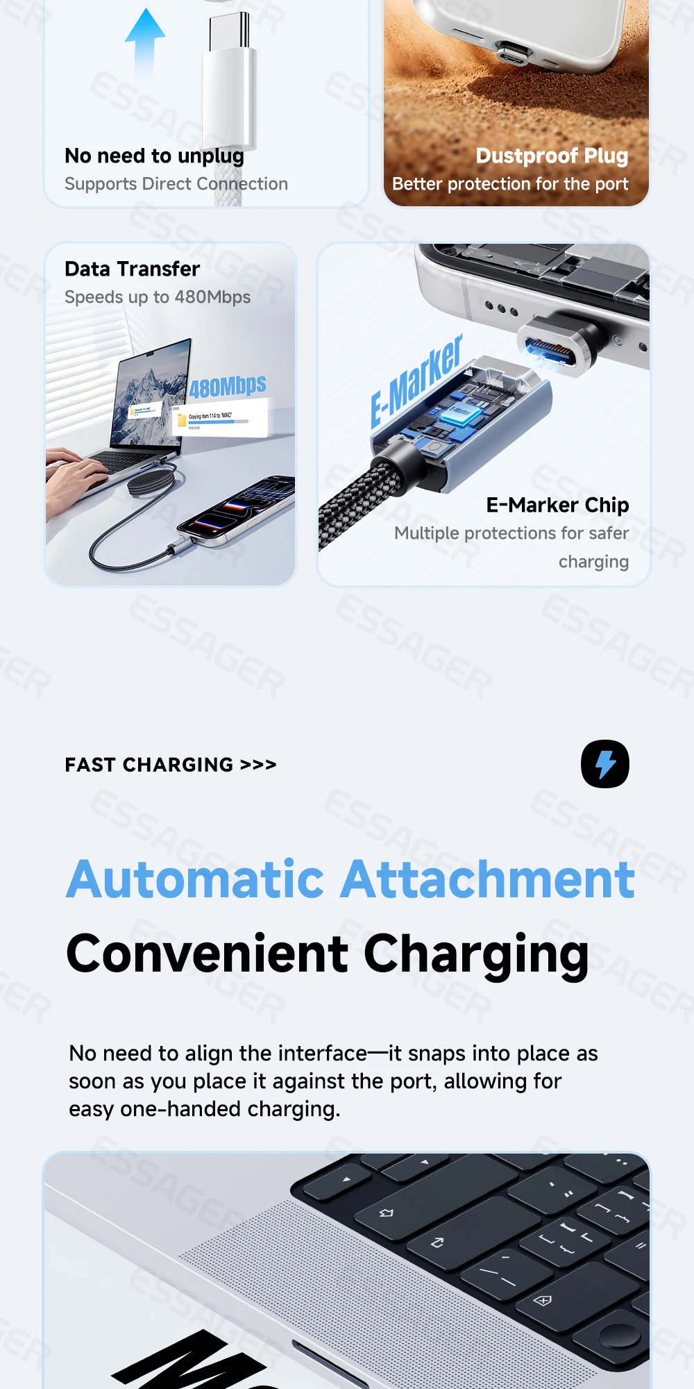 Essager USB C Cable 240W Magnetic USB Type C Cable PD 5A Fast Charging Data Cord For iPhone 17 Macbook Pro Xiaomi Huawei Samsung