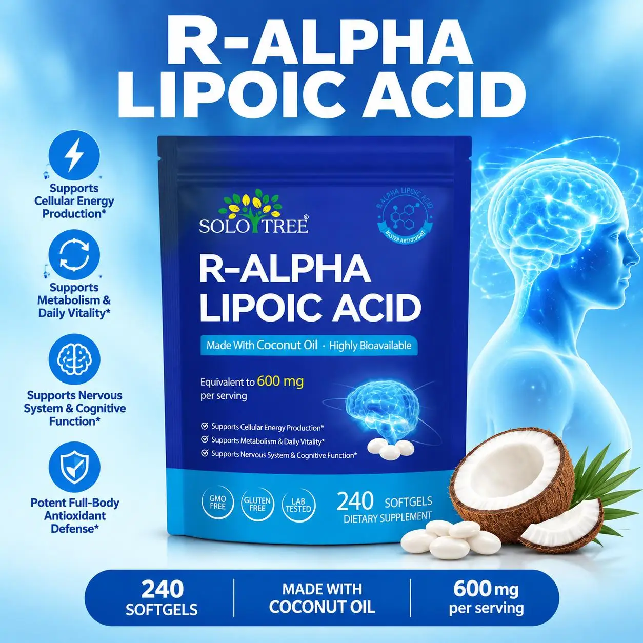 R-Alpha Lipoic Acid Softgels Relieve Nervous Tension Enhance Cognitive and Thinking Clarity Antioxidant Boost Metabolism 240 Pcs