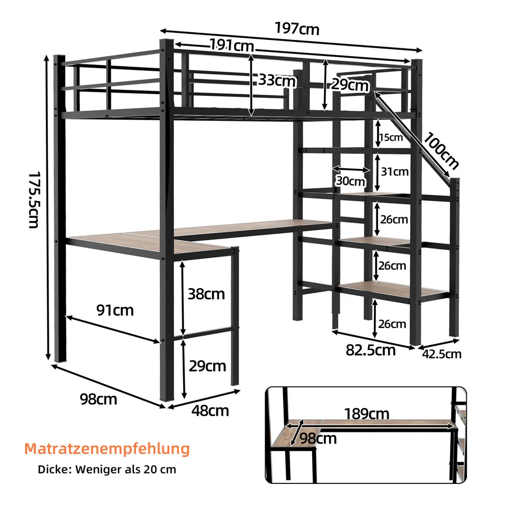 90x190cm Hohes Hochbettgestell mit L-förmigem Schreibtisch, platzsparendes Einzel-Hochbett mit Treppe, durchgehenden Sicherheitsgeländern, geräumigen Ablageflächen und Staufächern, stabiles Hochbett für Schlafzimmer, Teenager- und Erwachsenen-Schlafzimmermöbel – Detail 4