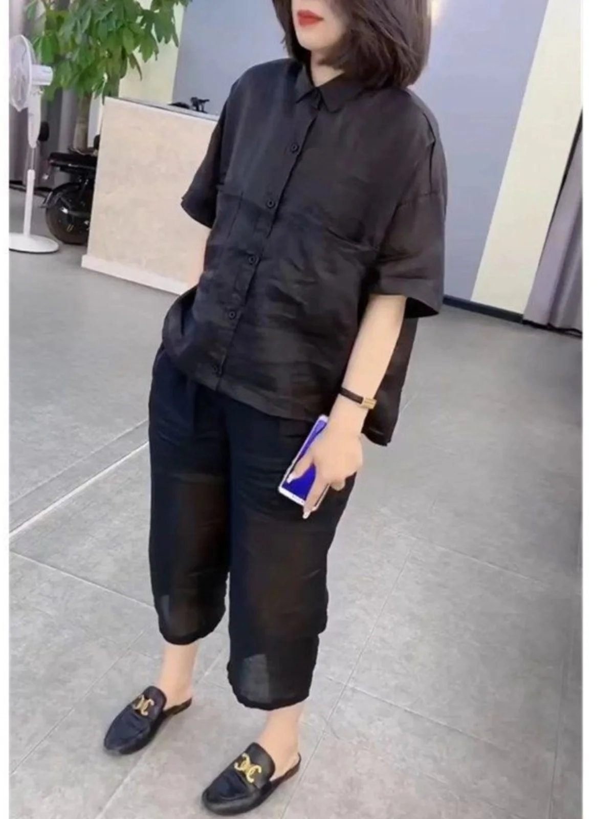

Black Cotton Linen Seven-Quarter Length Shirt And Pants Two-Piece Set Fashionable Maturity Style Summer New Arrival 2024